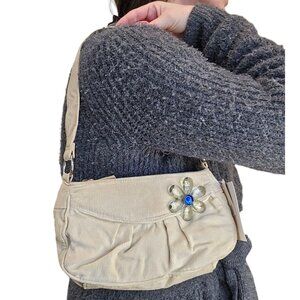 Y2K Tan Corduroy Shoulder Bag Small Beige‎ NWT With Flower Brooch Neutral Mini